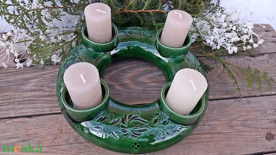 Karácsonyi kerámia zöld- adventi  koszorú - karácsony - adventi díszek - adventi koszorú - Meska.hu