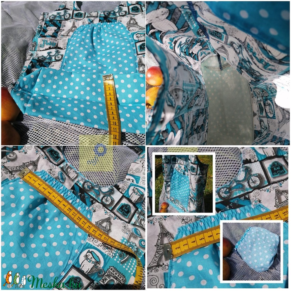 Nusi Bag - Egyedi pamutvászon táska - Kék párizsi cicás / kék alapon fehér pöttyös minta variációval - táska & tok - kézitáska & válltáska - Meska.hu