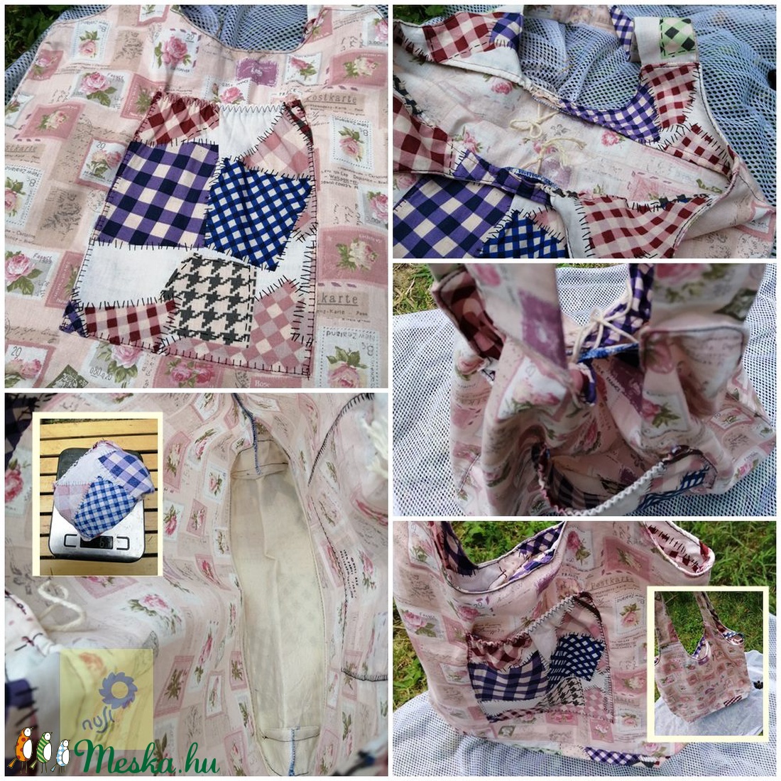 Akciós pamutvászon táska - Rózsaszín bélyeges rózsás és  foltvarrás mintával -  - Meska.hu