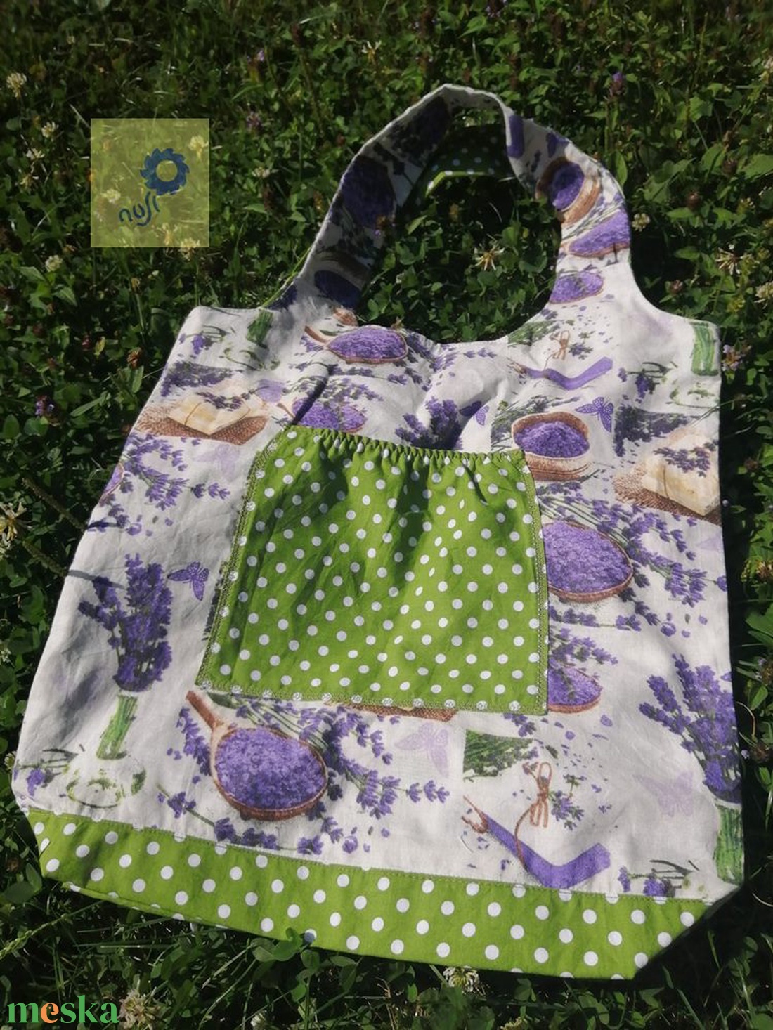 Nusi Bag - Pamutvászon táska - Levendulás zöld pöttyös mintával nagyméretű - táska & tok - bevásárlás & shopper táska - shopper, textiltáska, szatyor - Meska.hu