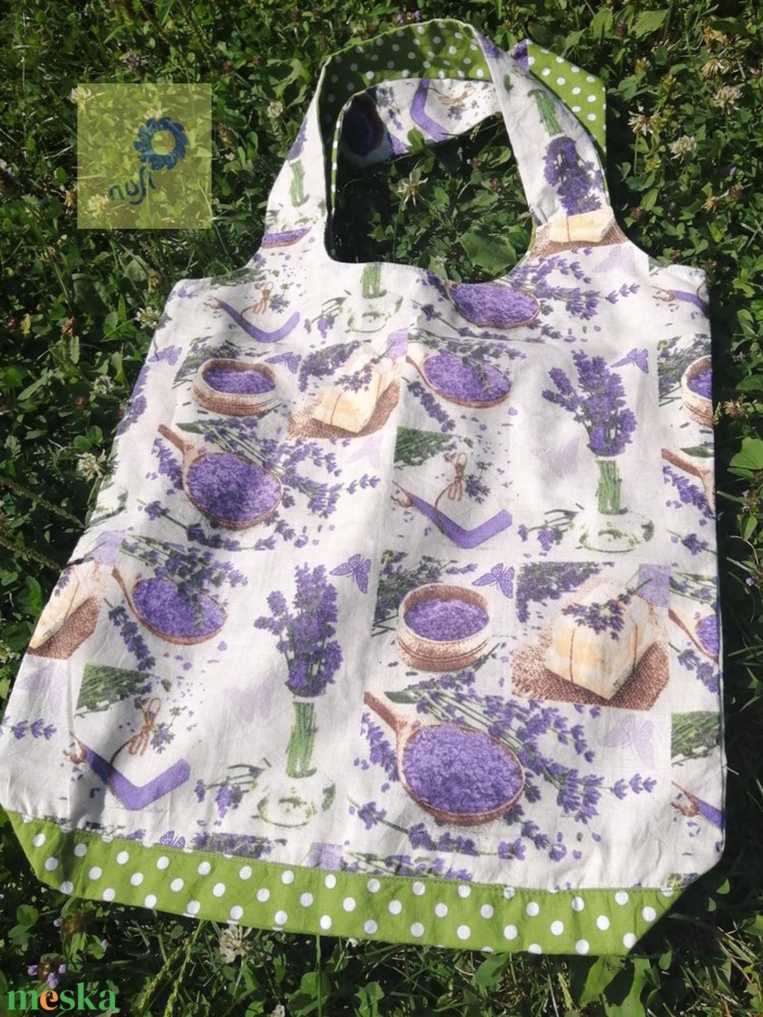 Nusi Bag - Pamutvászon táska - Levendulás zöld pöttyös mintával nagyméretű - táska & tok - bevásárlás & shopper táska - shopper, textiltáska, szatyor - Meska.hu