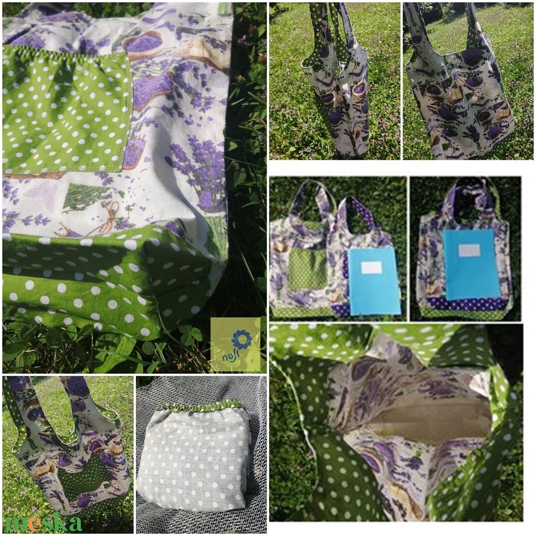 Nusi Bag - Pamutvászon táska - Levendulás zöld pöttyös mintával nagyméretű - táska & tok - bevásárlás & shopper táska - shopper, textiltáska, szatyor - Meska.hu
