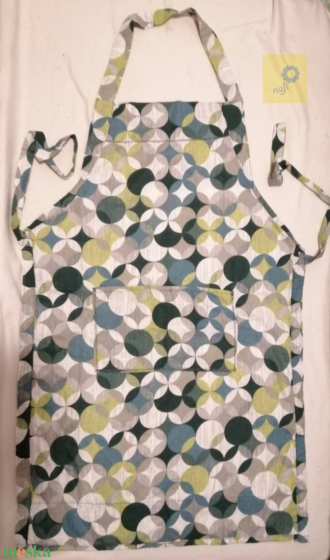 Uniszex kötény - zöld körös, geometria mintás pamutvászonból  - otthon & életmód - konyhafelszerelés, tálalás - konyhai textil - kötény - Meska.hu