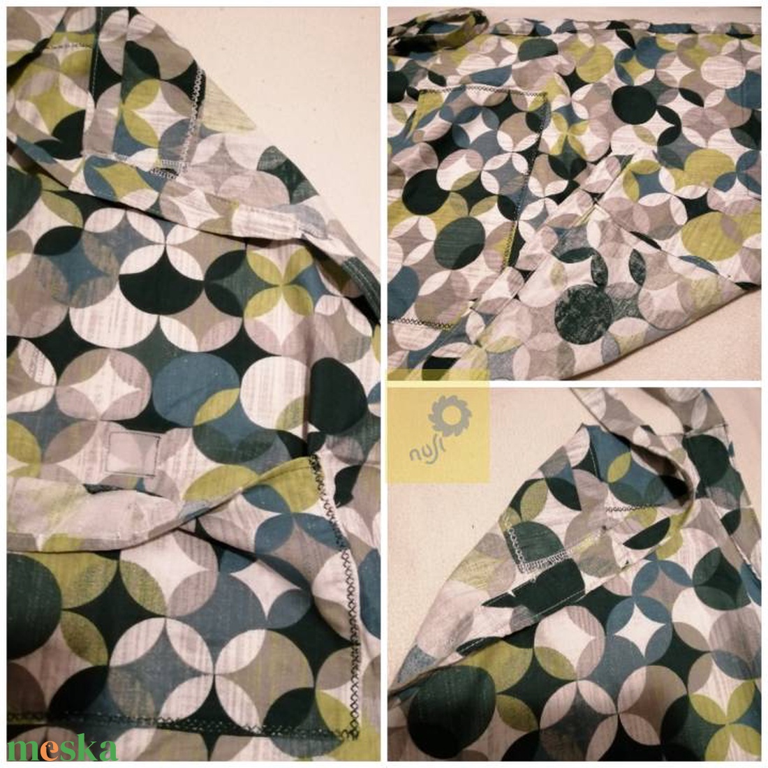 Uniszex kötény - zöld körös, geometria mintás pamutvászonból  - otthon & életmód - konyhafelszerelés, tálalás - konyhai textil - kötény - Meska.hu