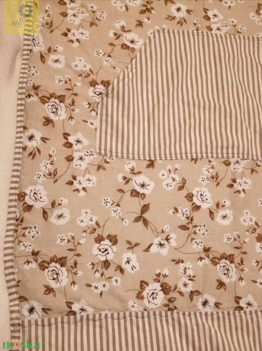 Kötény - világosbarna alapon virágos és csíkos mintás pamutvászonból II.  - otthon & életmód - konyhafelszerelés, tálalás - konyhai textil - kötény - Meska.hu