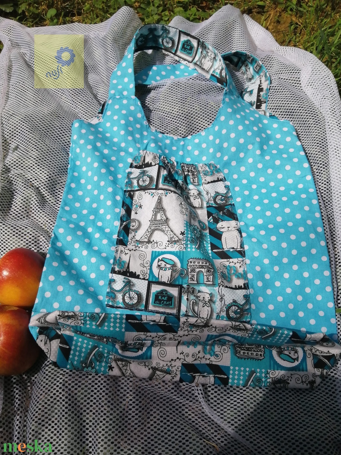 Nusi Bag - Egyedi pamutvászon táska - Kék párizsi cicás / kék alapon fehér pöttyös minta variációval - táska & tok - kézitáska & válltáska - Meska.hu