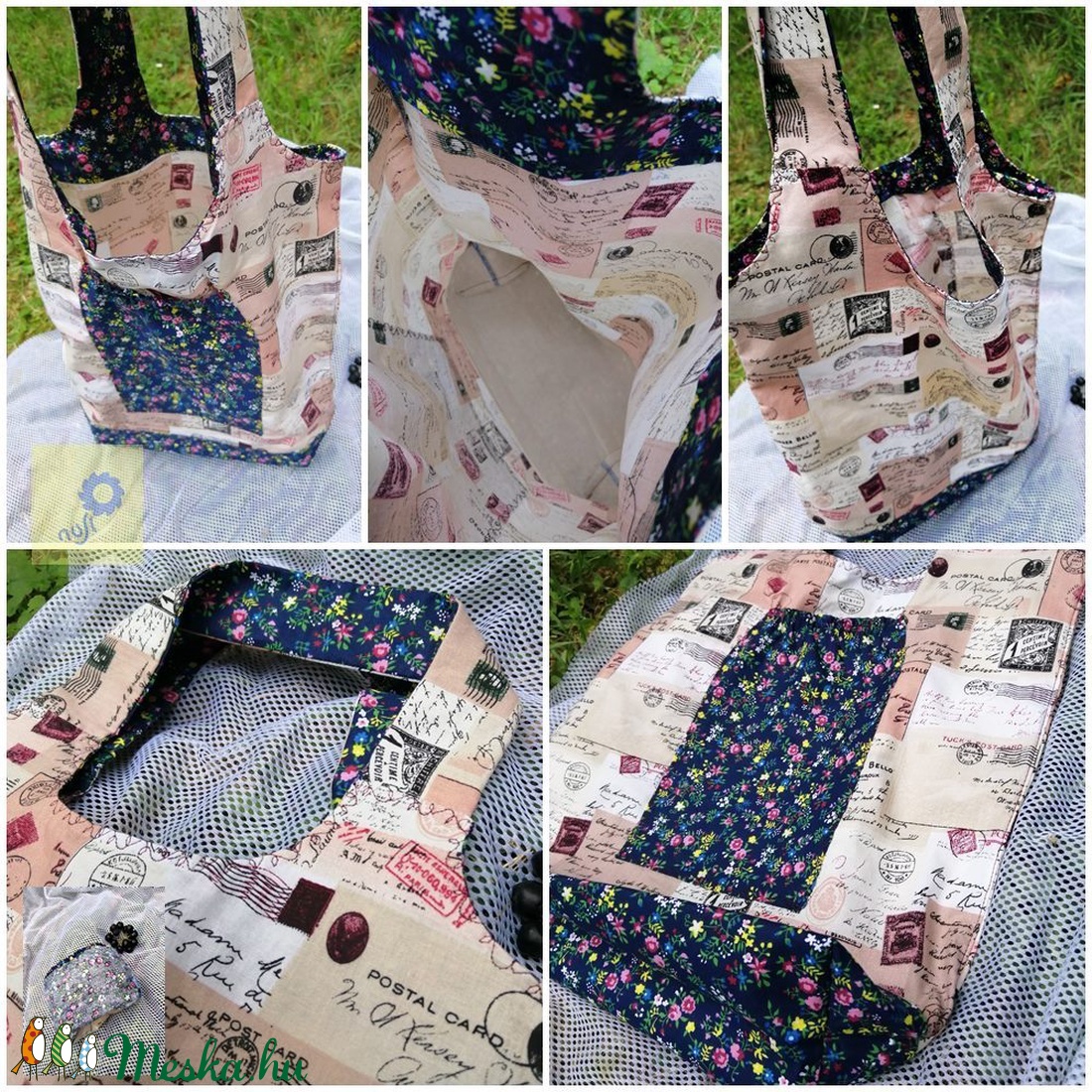 Nusi Bag -  Egyedi pamutvászon táska - Kék alapon apró színes virágos / bélyeges levelezőlapos mintával - táska & tok - kézitáska & válltáska - kézitáska - Meska.hu