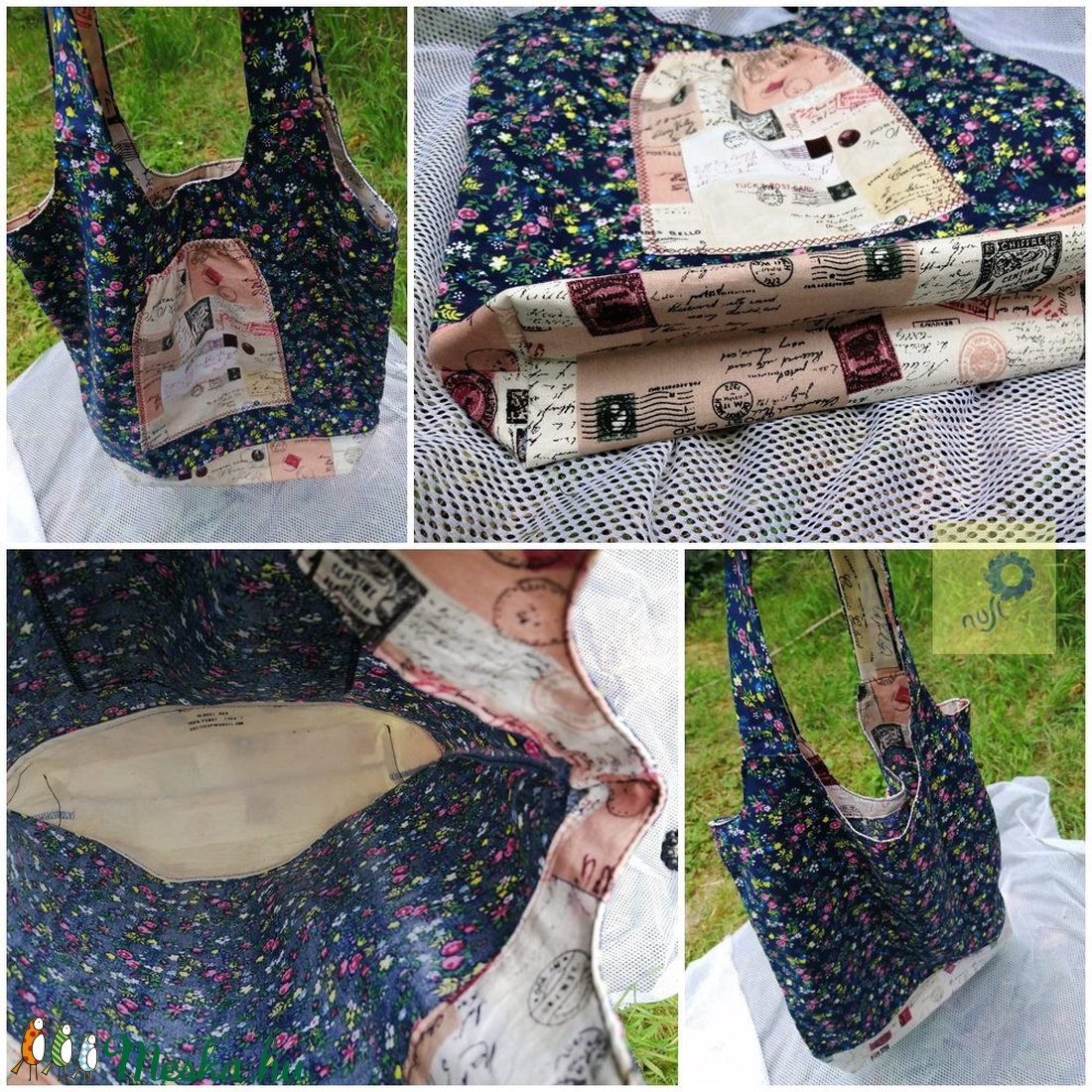 Nusi Bag -  Egyedi pamutvászon táska - Kék alapon apró színes virágos / bélyeges levelezőlapos mintával - táska & tok - kézitáska & válltáska - kézitáska - Meska.hu