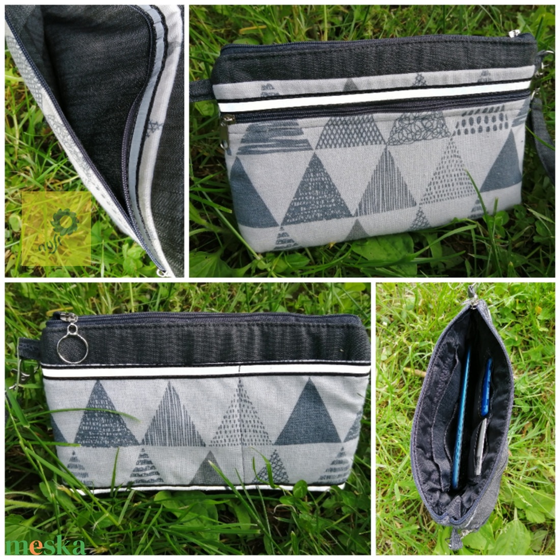 Fényvisszaverős textil kézitáska, csuklótáska, pénztárca - szürke farmer és lenhatású háromszög mintás anyagból, unisex - táska & tok - pénztárca & más tok - kártyatartó & irattartó - Meska.hu Fényvisszaverős textil kézitáska, csuklótáska, pénztárca - szürke farmer és lenhatású háromszög mintás anyagból, unisex - táska & tok - pénztárca & más tok - kártyatartó & irattartó - Meska.hu