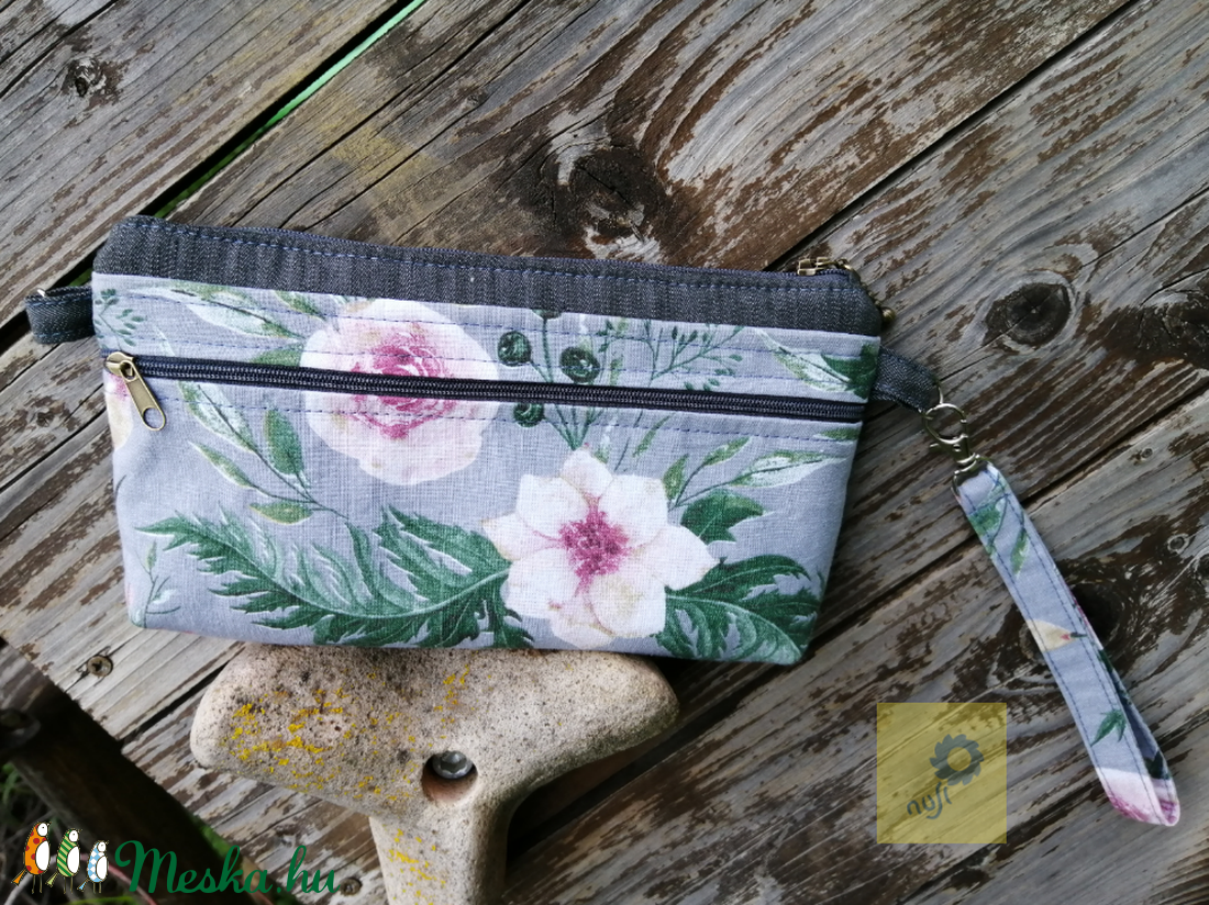 Elegáns könnyű textil kézitáska, csuklótáska, pénztárca - szürke farmer és rózsás pamutvászon anyagból  - táska & tok - kézitáska & válltáska - Meska.hu
