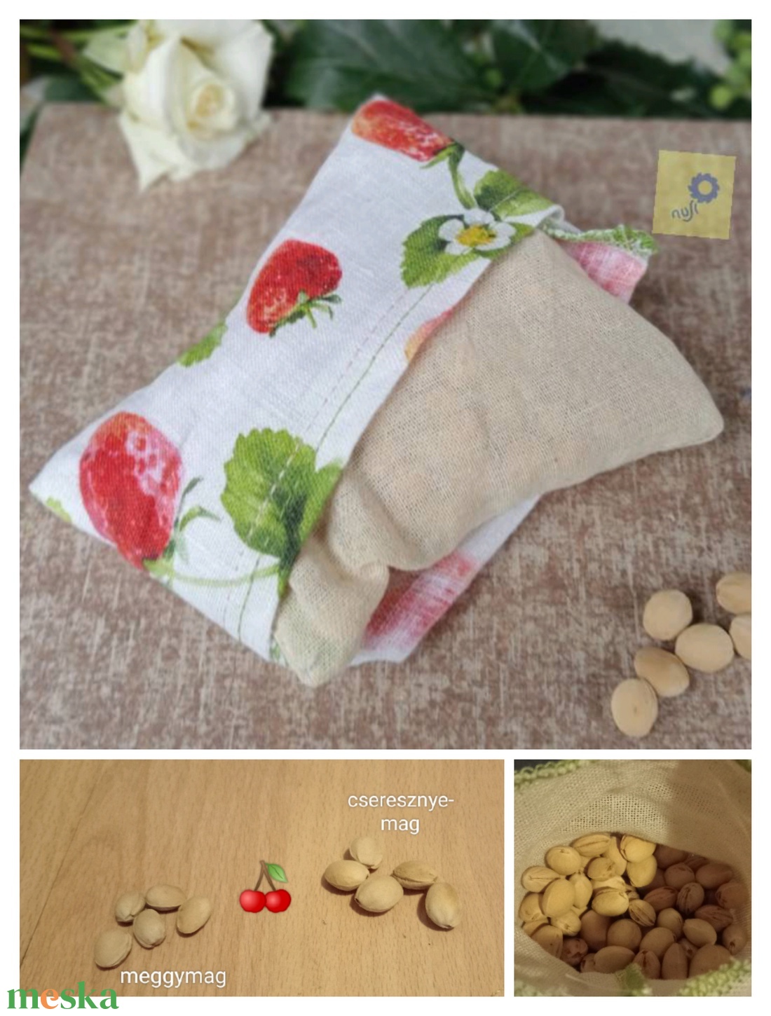 Cseresznyemag párna eper mintás prémium lenvászon huzatban, pánttal (virágos handmade felirattal)  - otthon & életmód - lakástextil - párna & párnahuzat - Meska.hu
