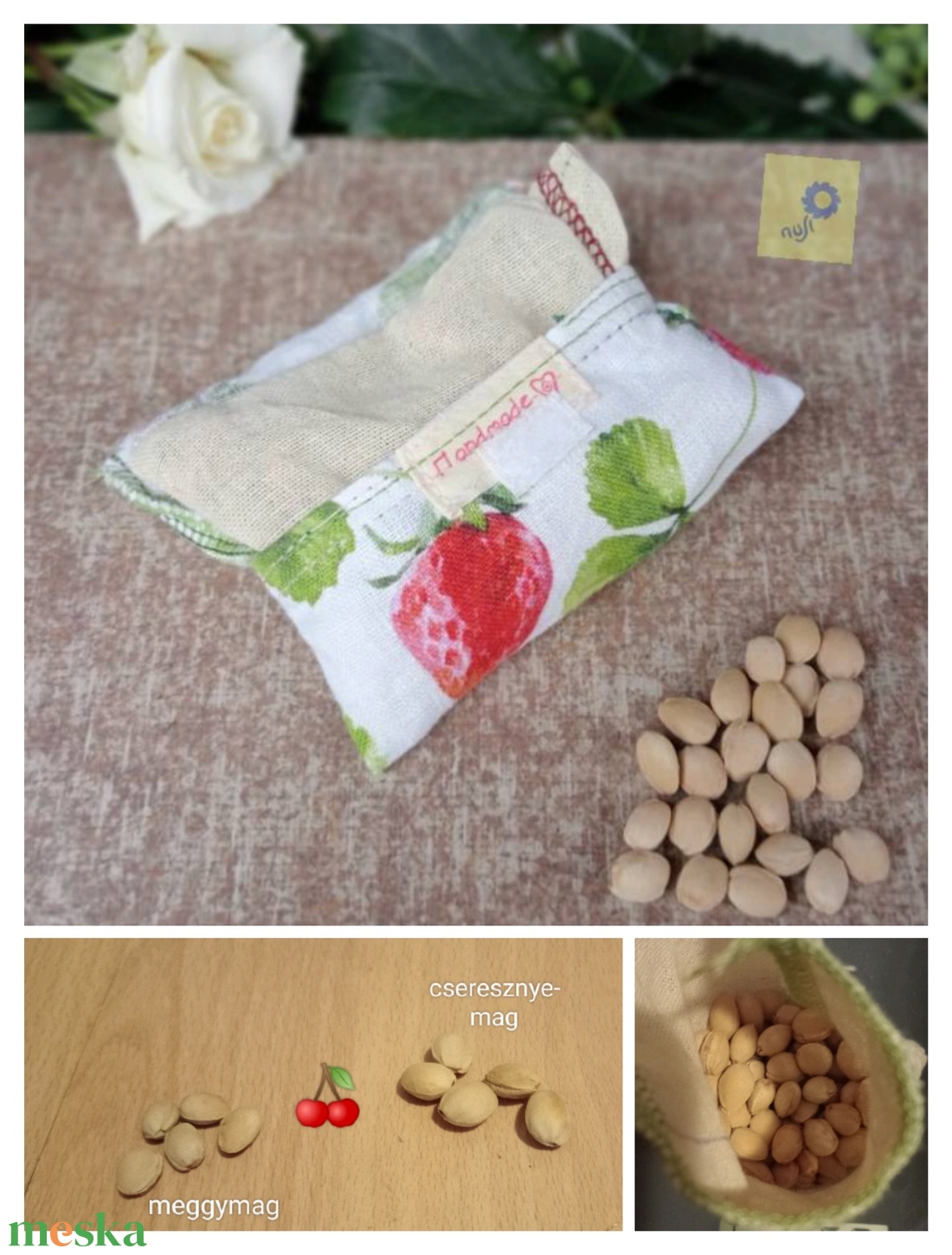 Meggymag párnácska eper mintás prémium lenvászon huzatban  - otthon & életmód - lakástextil - párna & párnahuzat - Meska.hu