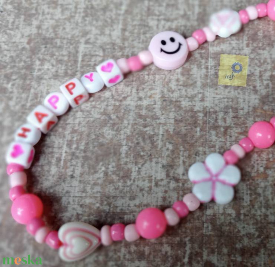 Mobil dísz / phone charm - pink árnyalat, happy felirattal  - ékszer - karkötő - charm karkötő - Meska.hu