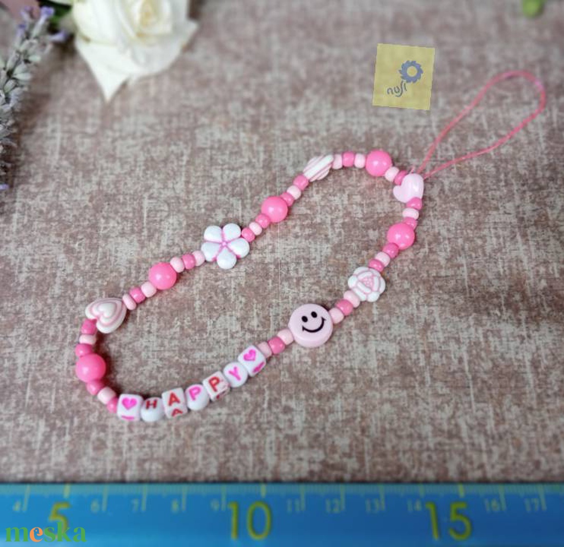 Mobil dísz / phone charm - pink árnyalat, happy felirattal  - ékszer - karkötő - charm karkötő - Meska.hu