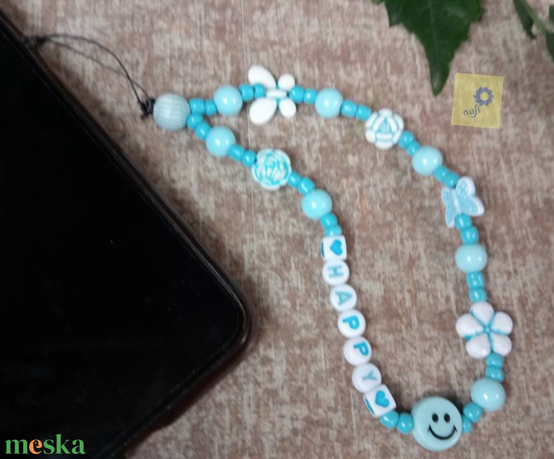 Mobil dísz / phone charm - kék árnyalat, happy felirattal  - ékszer - karkötő - charm karkötő - Meska.hu