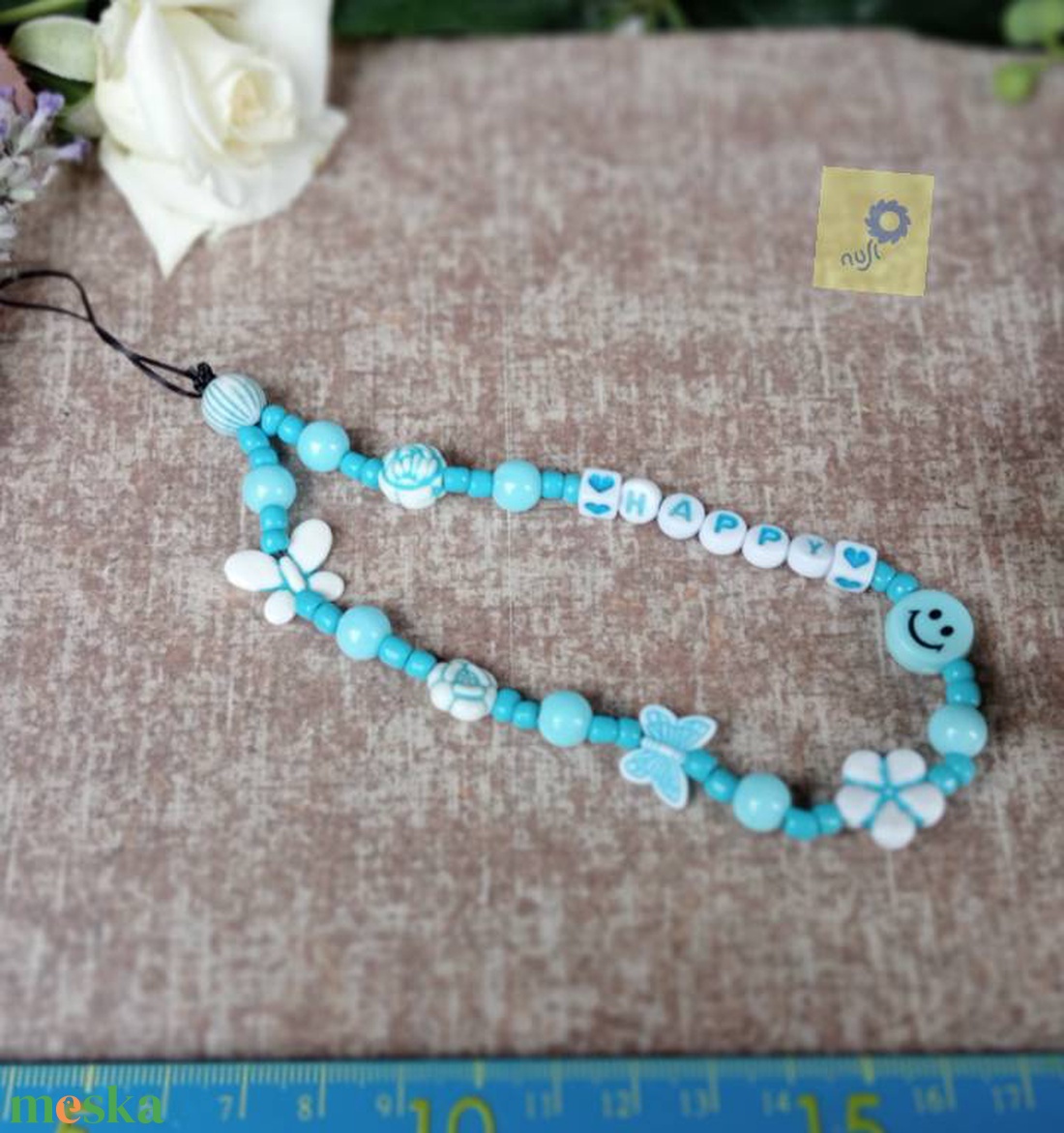 Mobil dísz / phone charm - kék árnyalat, happy felirattal  - ékszer - karkötő - charm karkötő - Meska.hu