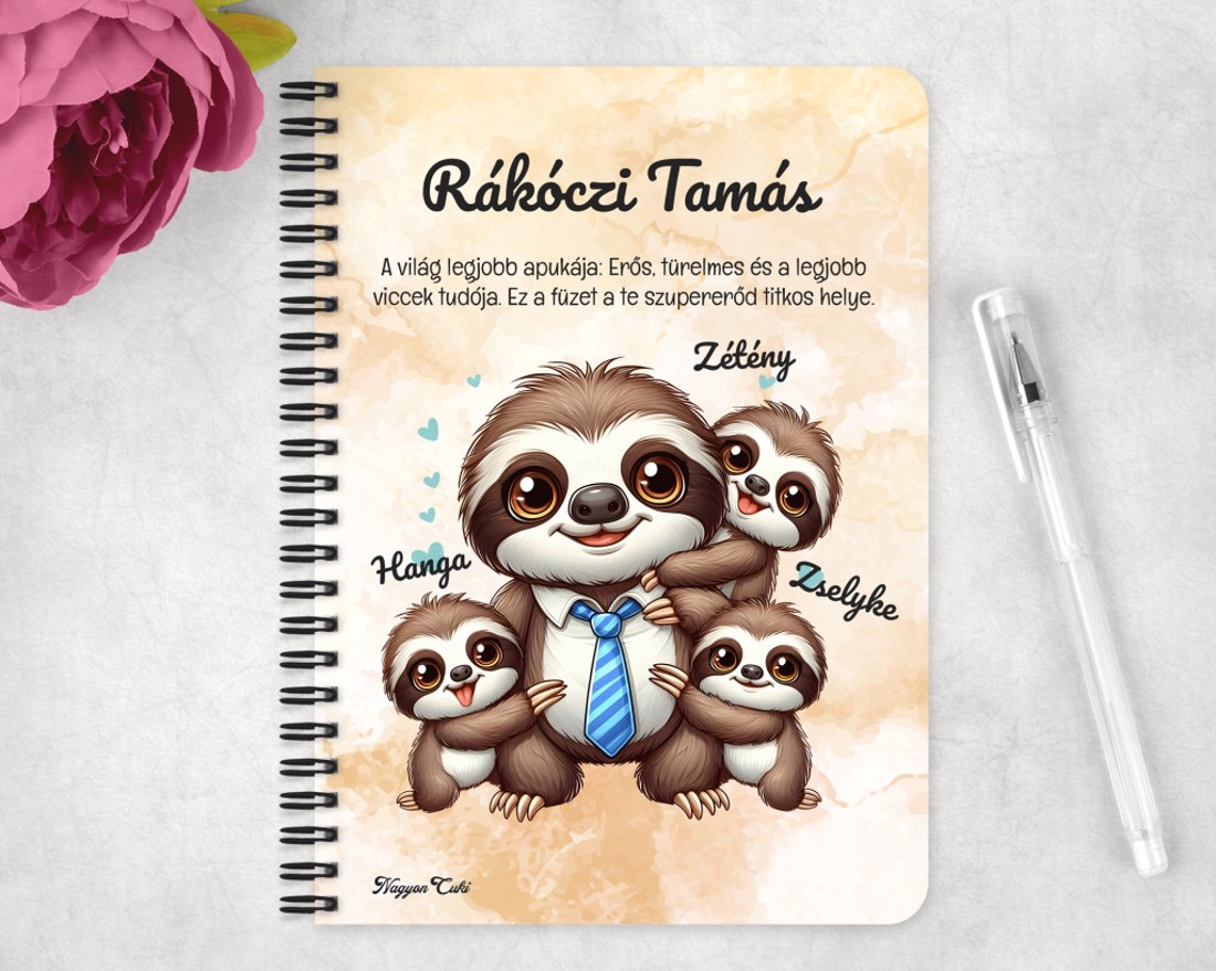 Személyre szabható - Nyakkendős Cuki lajhár Apa és három gyerek mintás A5-ös füzet - otthon & életmód - papír, írószer - jegyzetfüzet & napló - Meska.hu