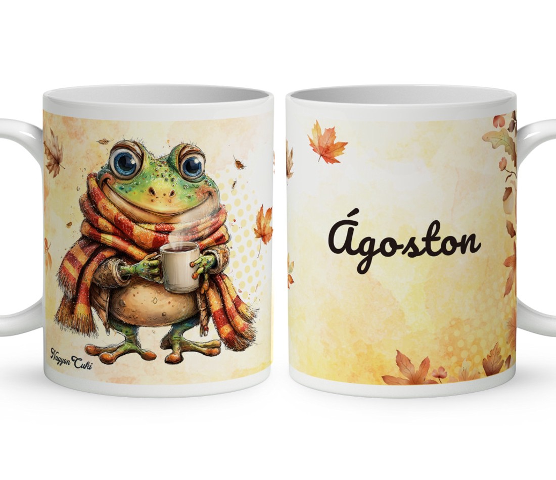 Névvel kérhető - Cuki őszi kávézós béka mintás bögre - otthon & életmód - konyhafelszerelés, tálalás - tálalás - bögre & csésze - Meska.hu