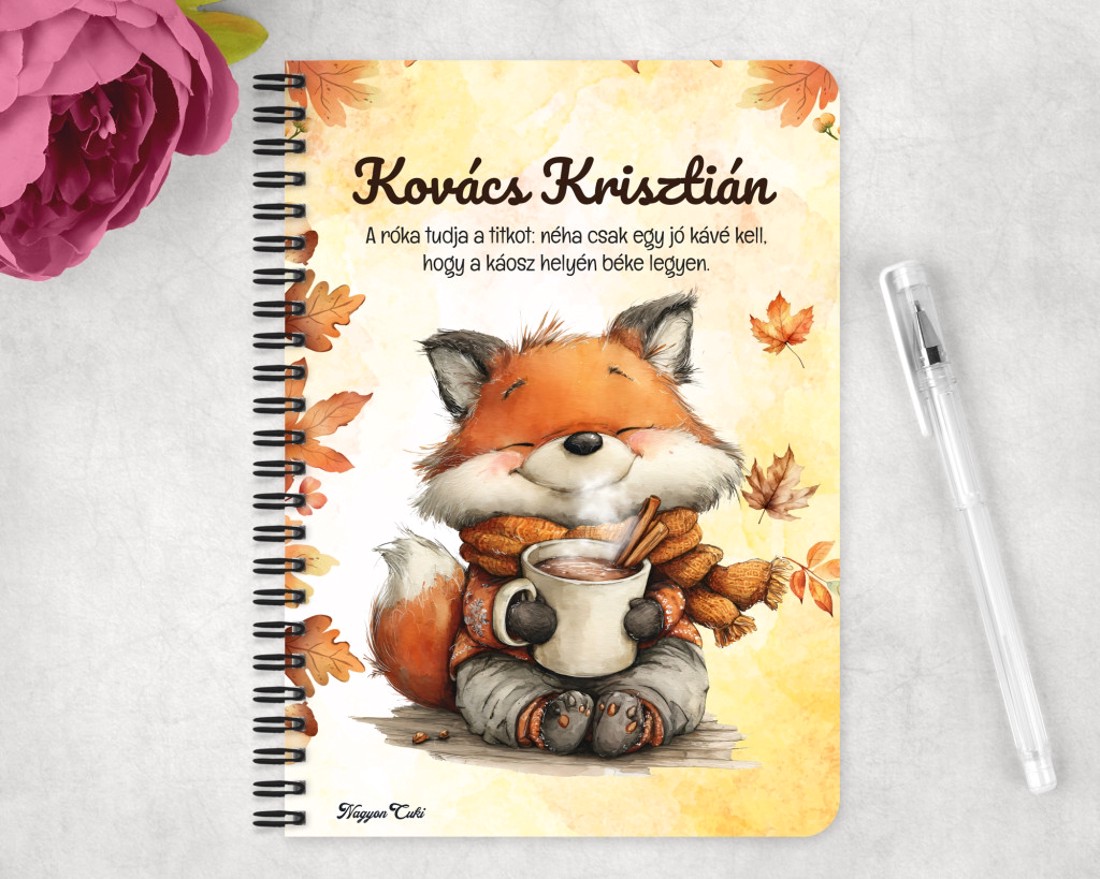 Személyre szabható - Cuki őszi kávézós róka mintás A6-os füzet - otthon & életmód - papír, írószer - jegyzetfüzet & napló - Meska.hu