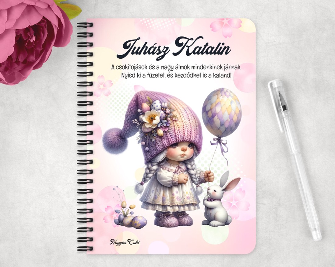 Személyre szabható - Lufis Húsvéti manólány nyuszival mintás A6-os füzet - otthon & életmód - papír, írószer - jegyzetfüzet & napló - Meska.hu