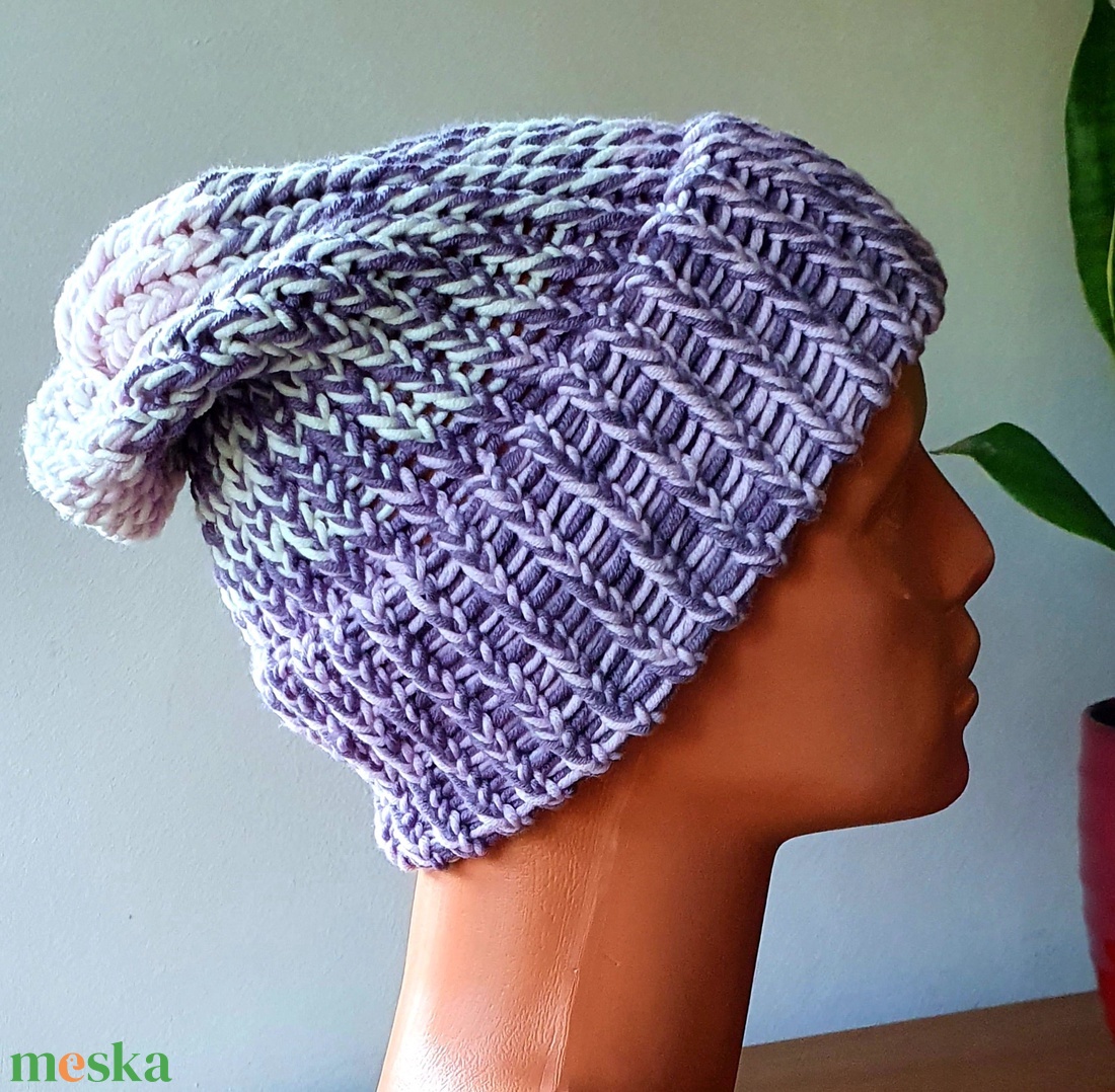 Lila-rózsaszín-fehér 100% merinó gyapjú sapka - ruha & divat - sál, sapka, kendő - sapka - Meska.hu
