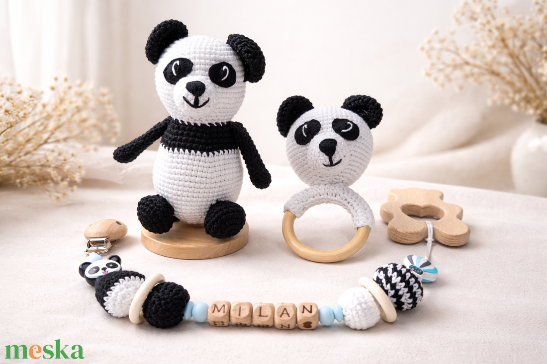 Babaköszöntő szett pandás  - baba - mama - babalátogató ajándékcsomag - Meska.hu