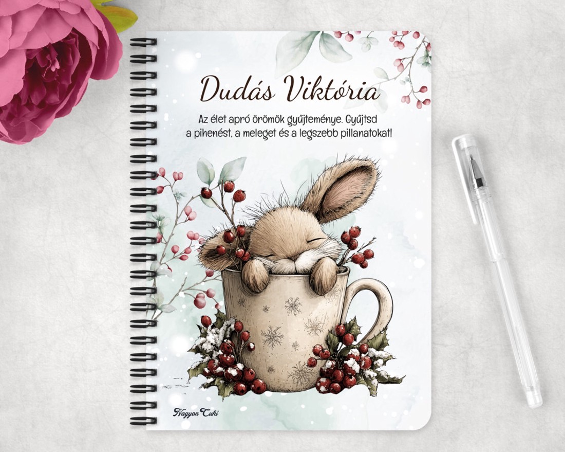 Személyre szabható - Cuki téli nyuszi bögrében mintás A6-os füzet - otthon & életmód - konyhafelszerelés, tálalás - tálalás - bögre & csésze - Meska.hu