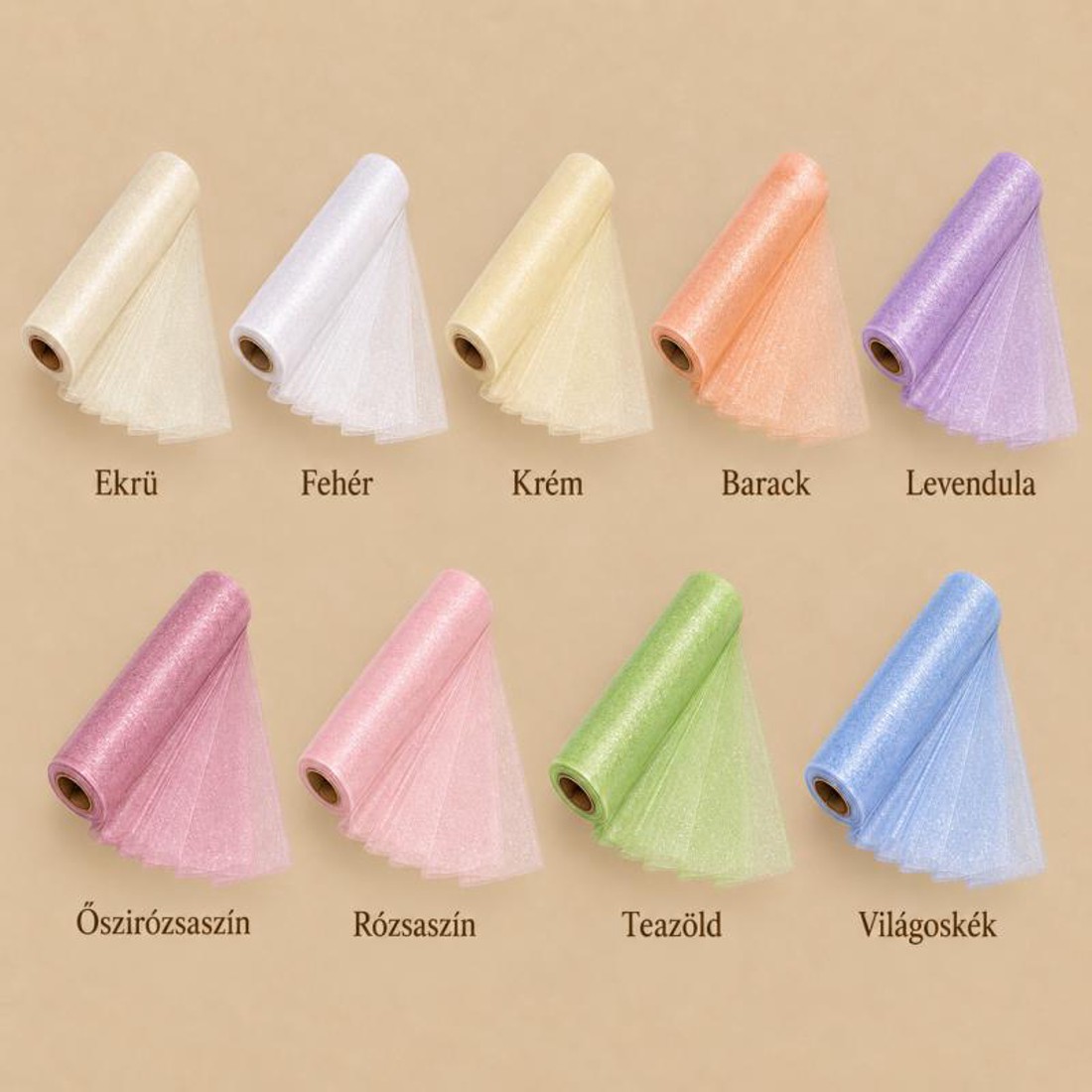 Snow organza tekercs � világos és pasztell árnyalatok, 23,5 cm � 10 m - kellékek & szerszámok - méteráru - dekorációs alapanyag - Meska.hu