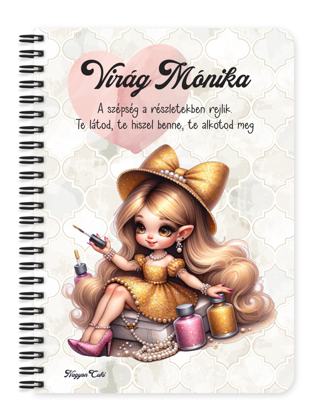 Személyre szabható - Cuki Arany Körmös manólány mintás A5-ös füzet - otthon & életmód - papír, írószer - jegyzetfüzet & napló - Meska.hu