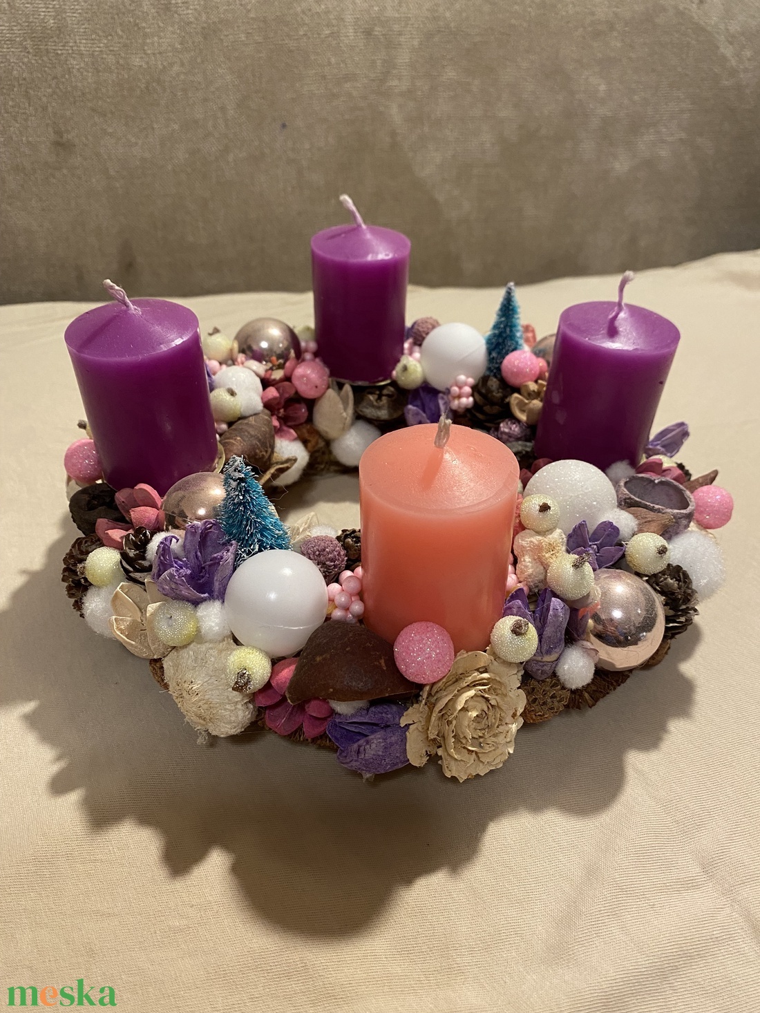 Adventi koszorú lila-rózsaszín - karácsony - adventi díszek - adventi koszorú - Meska.hu