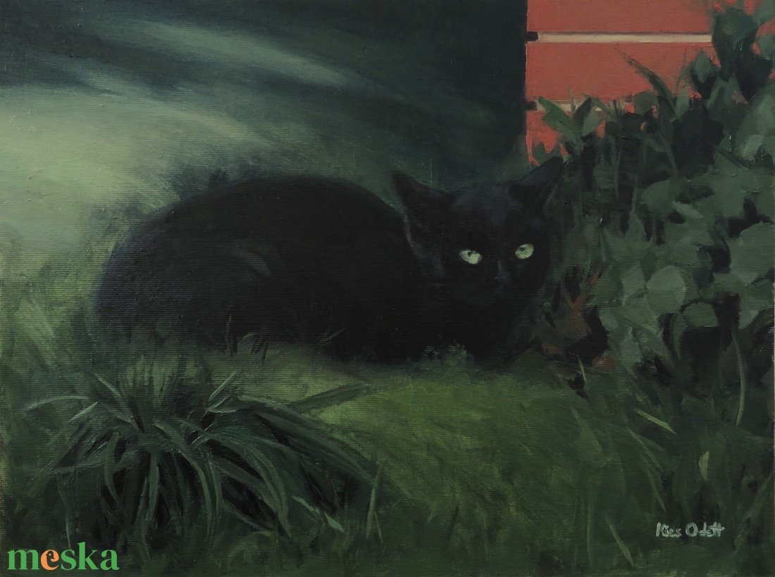Fekete macska - művészet - festmény - olajfestmény - Meska.hu