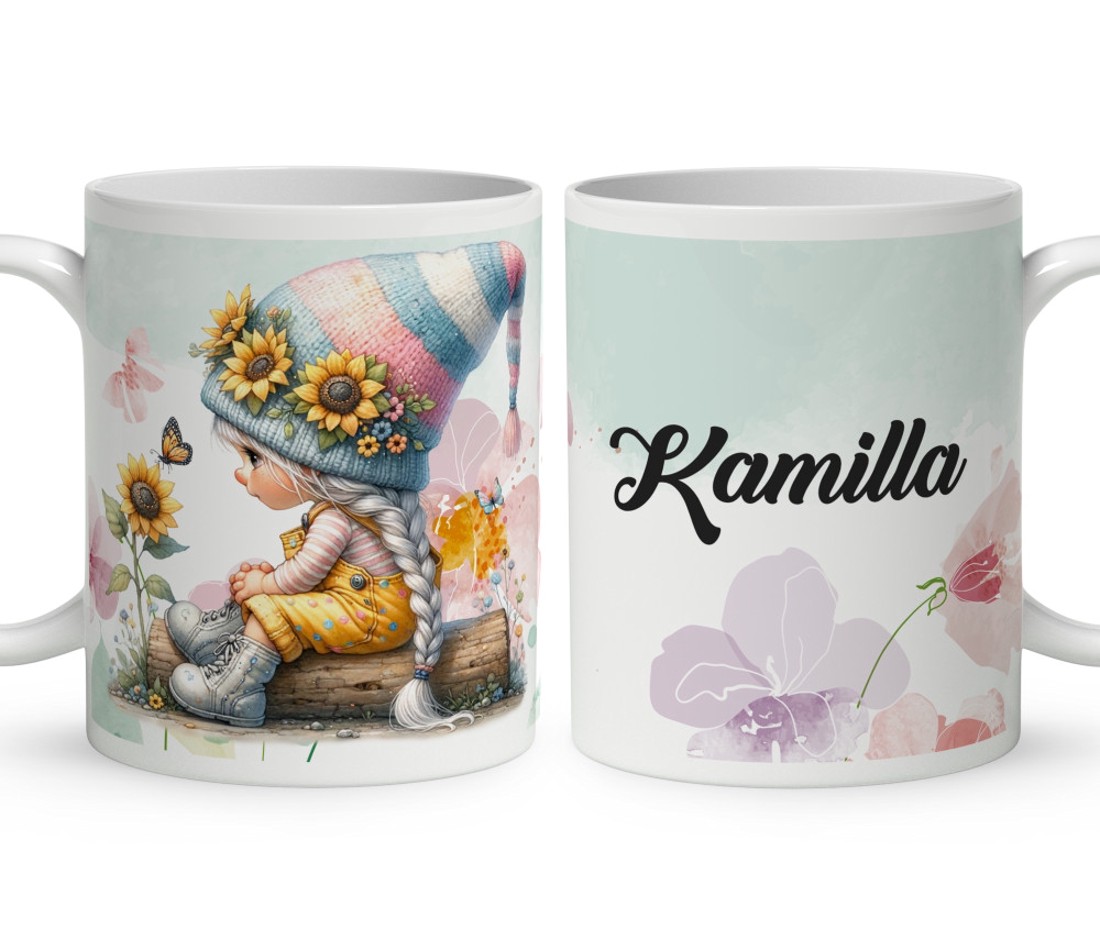 Névvel kérhető - Pillangós napraforgós manó lány mintás bögre - otthon & életmód - konyhafelszerelés, tálalás - tálalás - bögre & csésze - Meska.hu