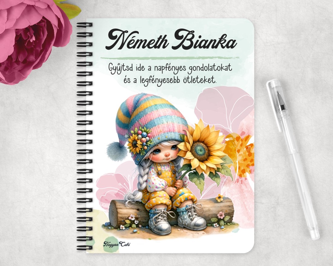Személyre szabható - A legcukibb napraforgós manó lány mintás A5-ös füzet - otthon & életmód - papír, írószer - jegyzetfüzet & napló - Meska.hu