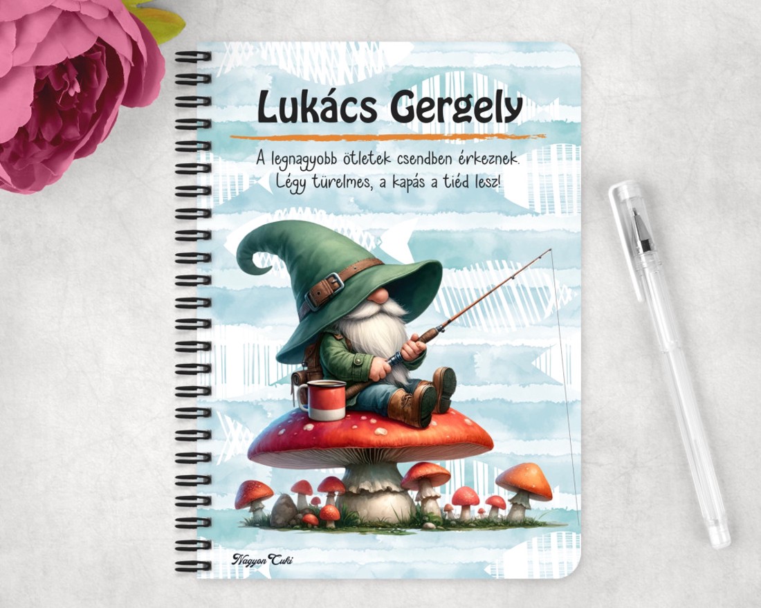 Személyre szabható - Gombás horgász manó mintás A6-os füzet - otthon & életmód - papír, írószer - jegyzetfüzet & napló - Meska.hu