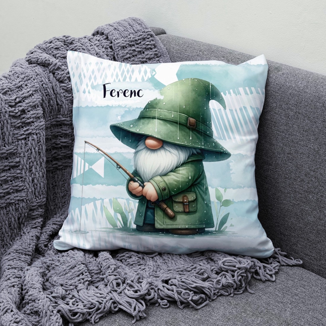 Névvel kérhető - Horgász manó esőben mintás párna - otthon & életmód - lakástextil - párna & párnahuzat - díszpárna (belsővel együtt) - Meska.hu
