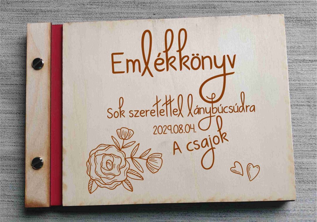 Lánybúcsú emlékkönyv, gravírozott fa borítású virágos - esküvő - legénybúcsú - Meska.hu
