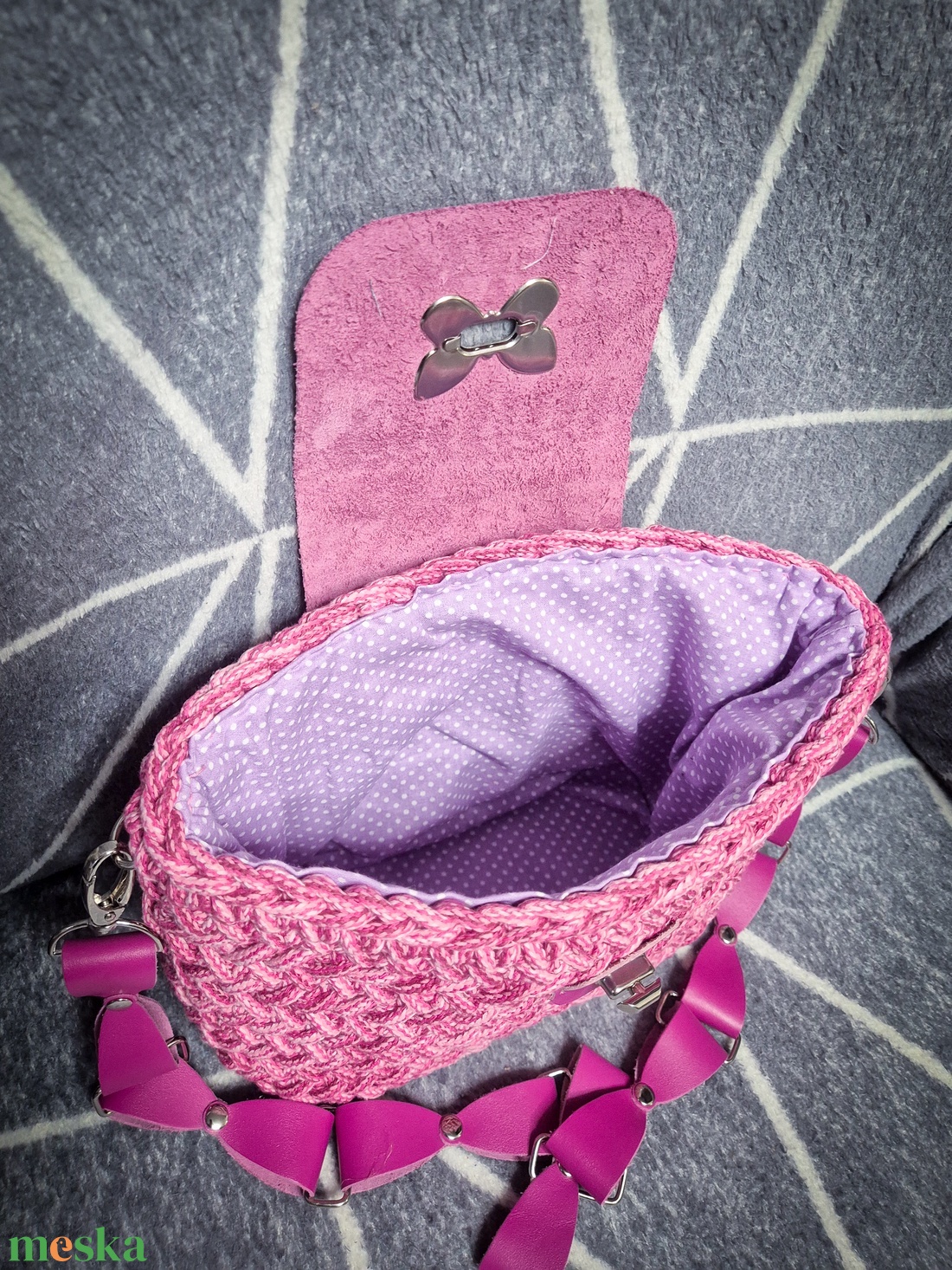 Horgolt válltáska zsinórfonalból, béléssel, bőr szerelékkel - táska & tok - kézitáska & válltáska - válltáska - Meska.hu