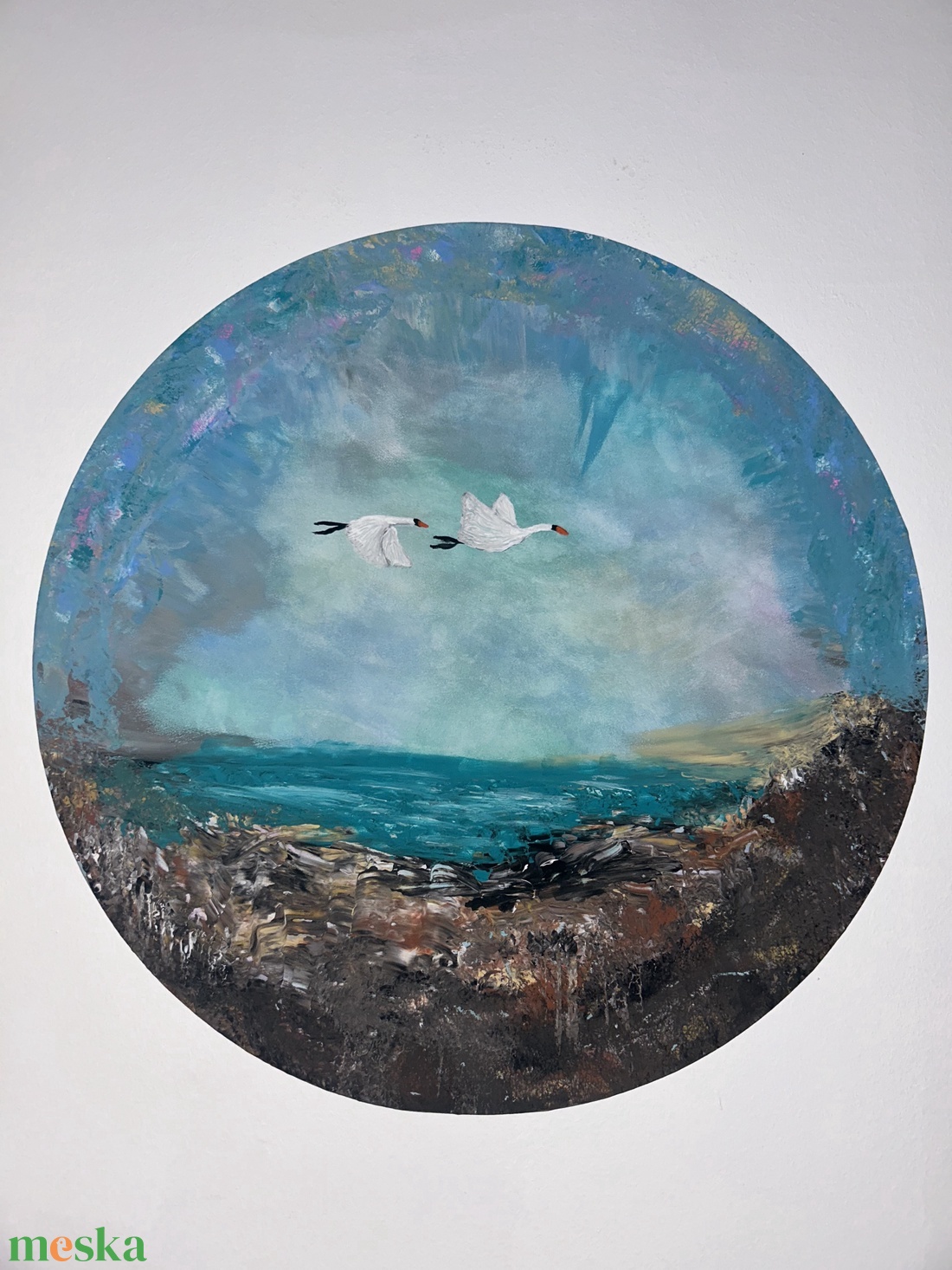 Libertas Super Mare - Absztrakt akril festmény repülő hattyúkkal - művészet - festmény - akril - Meska.hu