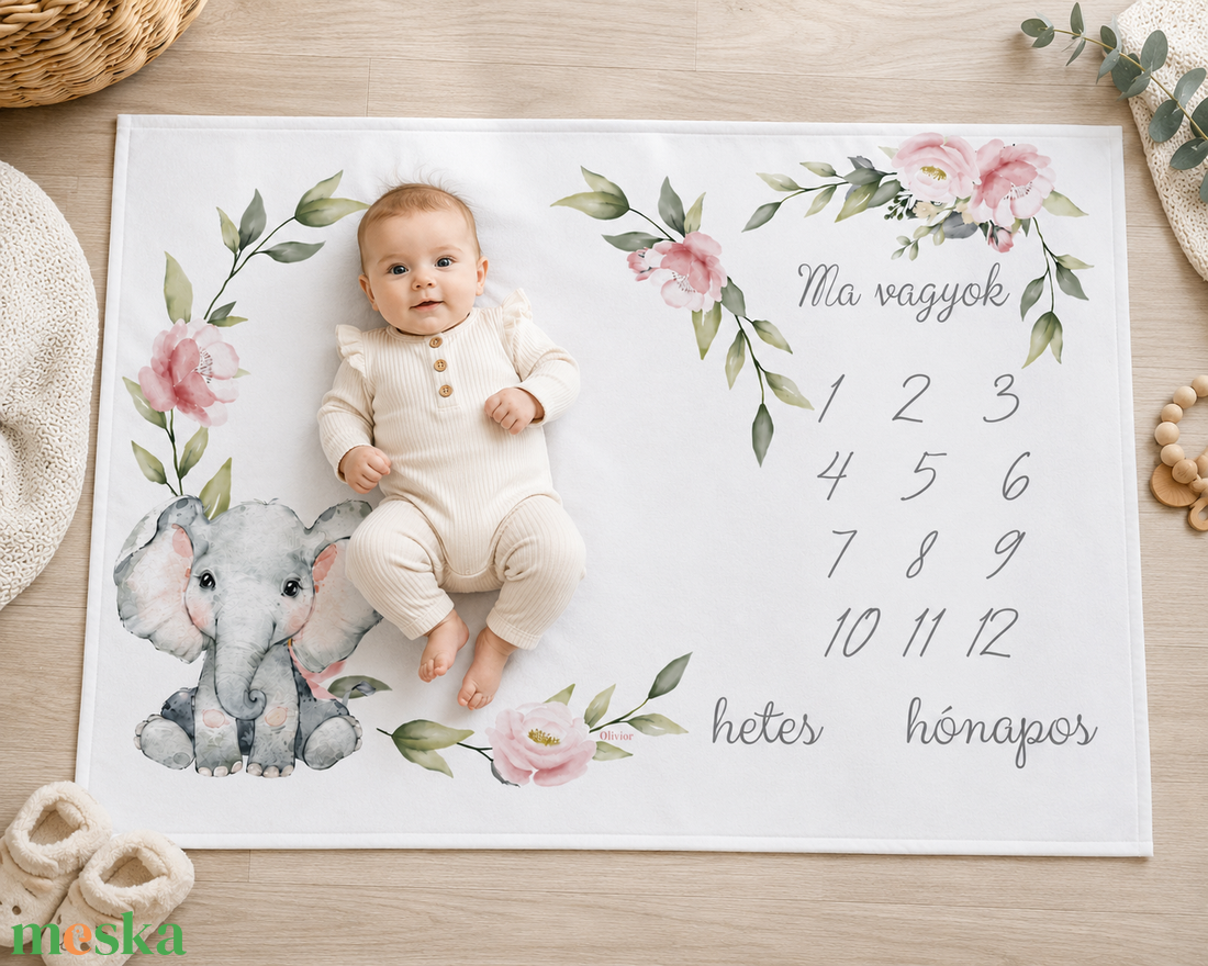 Elefánt mintás neves hónaptakaró mérföldkőpléd - baba - mama - baba ágynemű - babatakaró, gyerek pléd - Meska.hu
