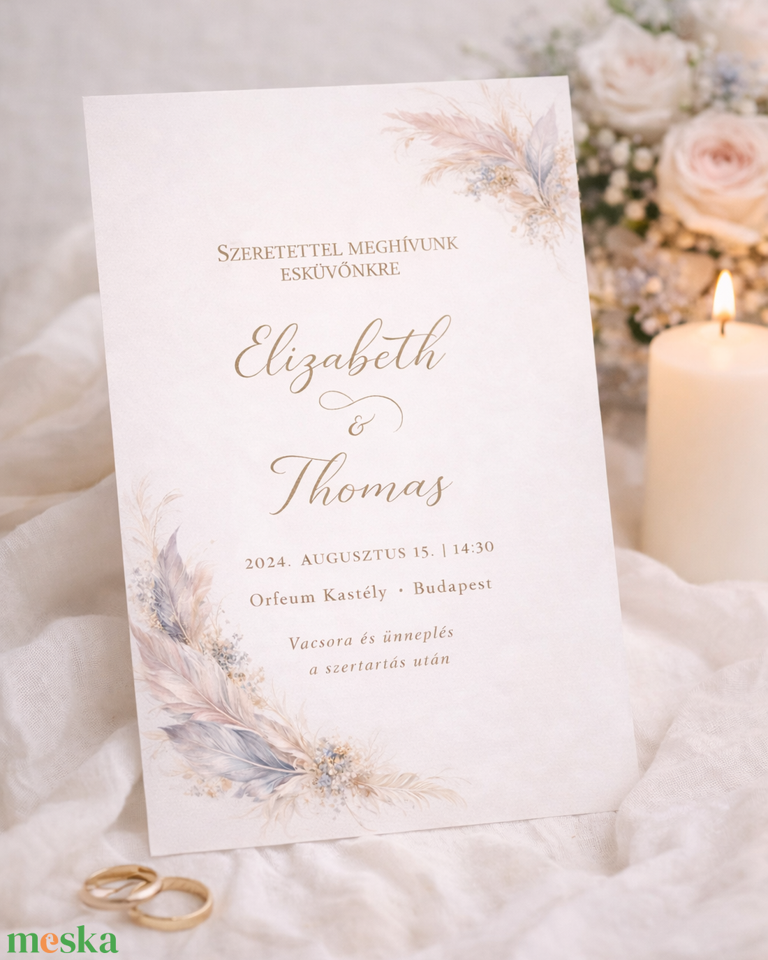 Pasztell tollak esküvői meghívó - esküvő - meghívó & kártya - meghívó - Meska.hu