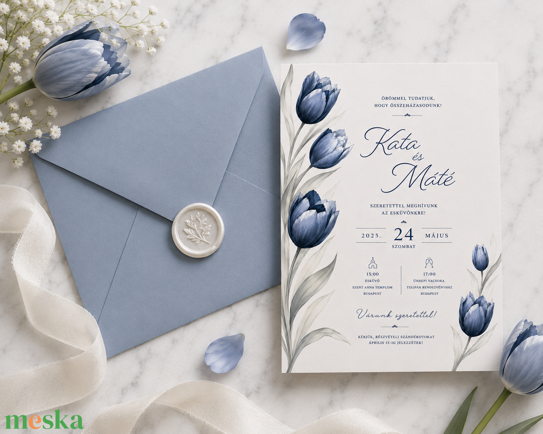 Kék Tulipán Románc � Kétoldalas Esküvői Meghívó - esküvő - meghívó & kártya - meghívó - Meska.hu