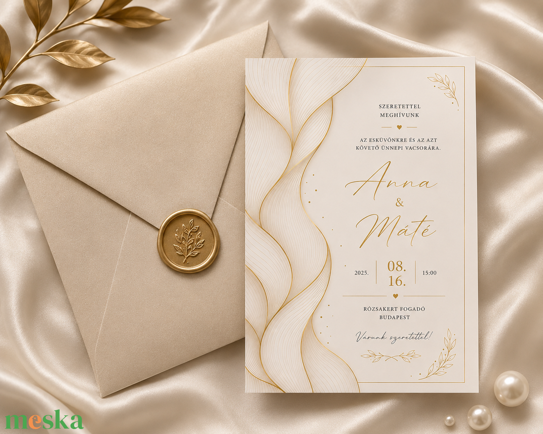 Golden Flow � Elegáns Arany Esküvői Meghívó - esküvő - meghívó & kártya - meghívó - Meska.hu