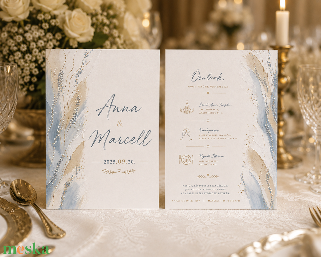Blue Whisper � Modern kék-arany esküvői meghívó - esküvő - meghívó & kártya - meghívó - Meska.hu