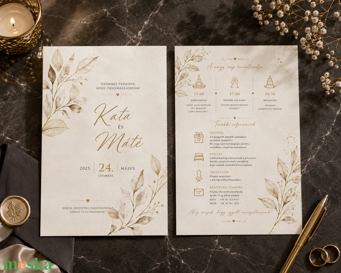 Golden Leaves � Elegáns bézs leveles esküvői meghívó - esküvő - meghívó & kártya - meghívó - Meska.hu