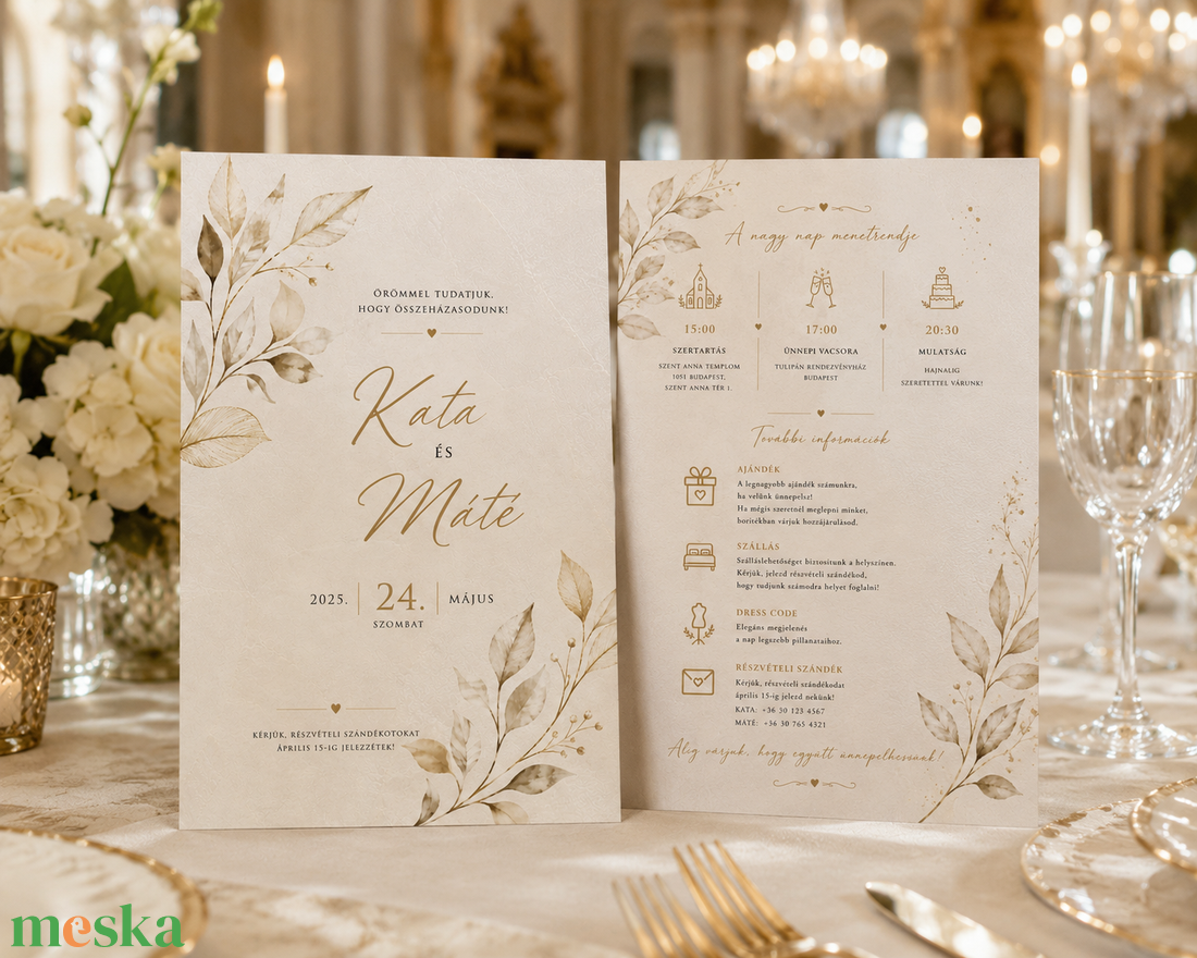 Golden Leaves � Elegáns bézs leveles esküvői meghívó - esküvő - meghívó & kártya - meghívó - Meska.hu