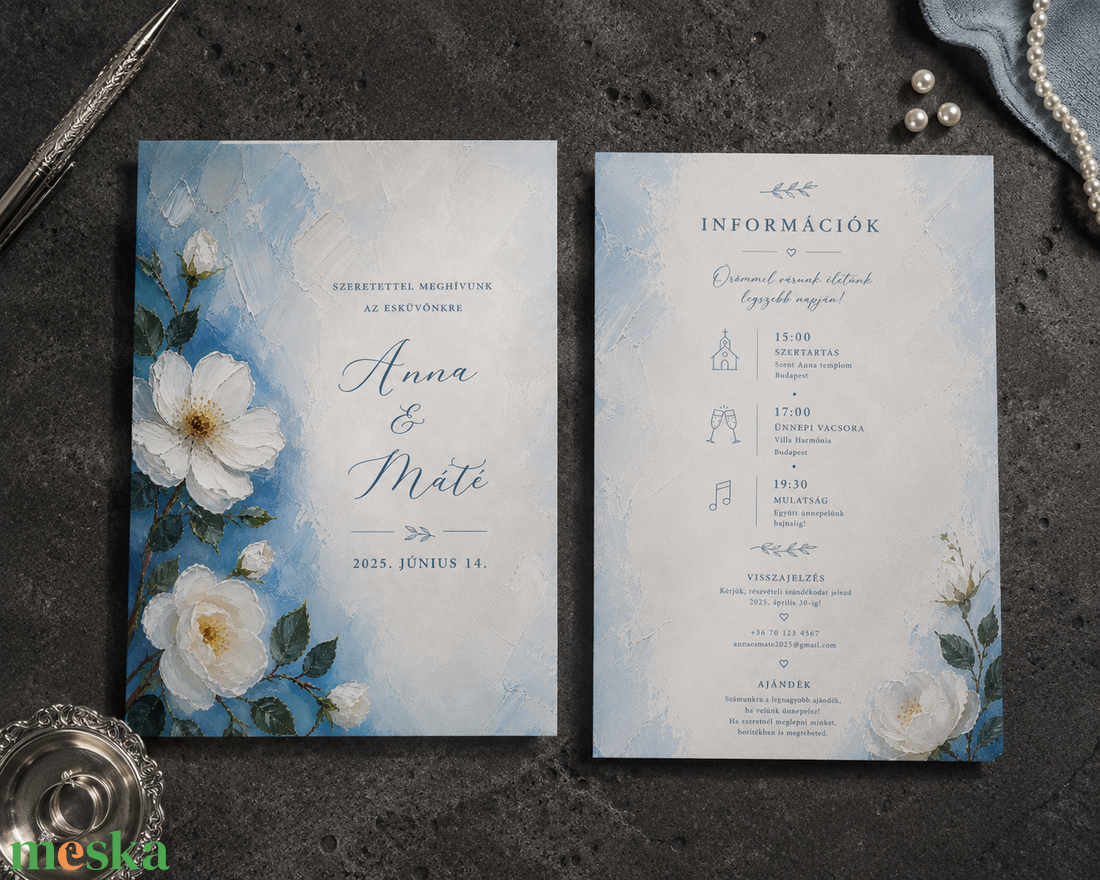 Blue Magnolia � Elegáns kék magnóliás esküvői meghívó - esküvő - meghívó & kártya - meghívó - Meska.hu