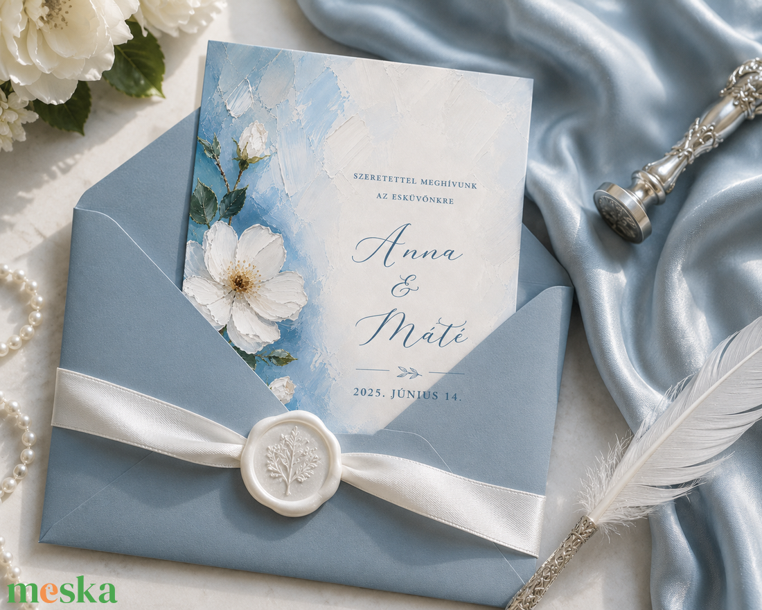 Blue Magnolia � Elegáns kék magnóliás esküvői meghívó - esküvő - meghívó & kártya - meghívó - Meska.hu