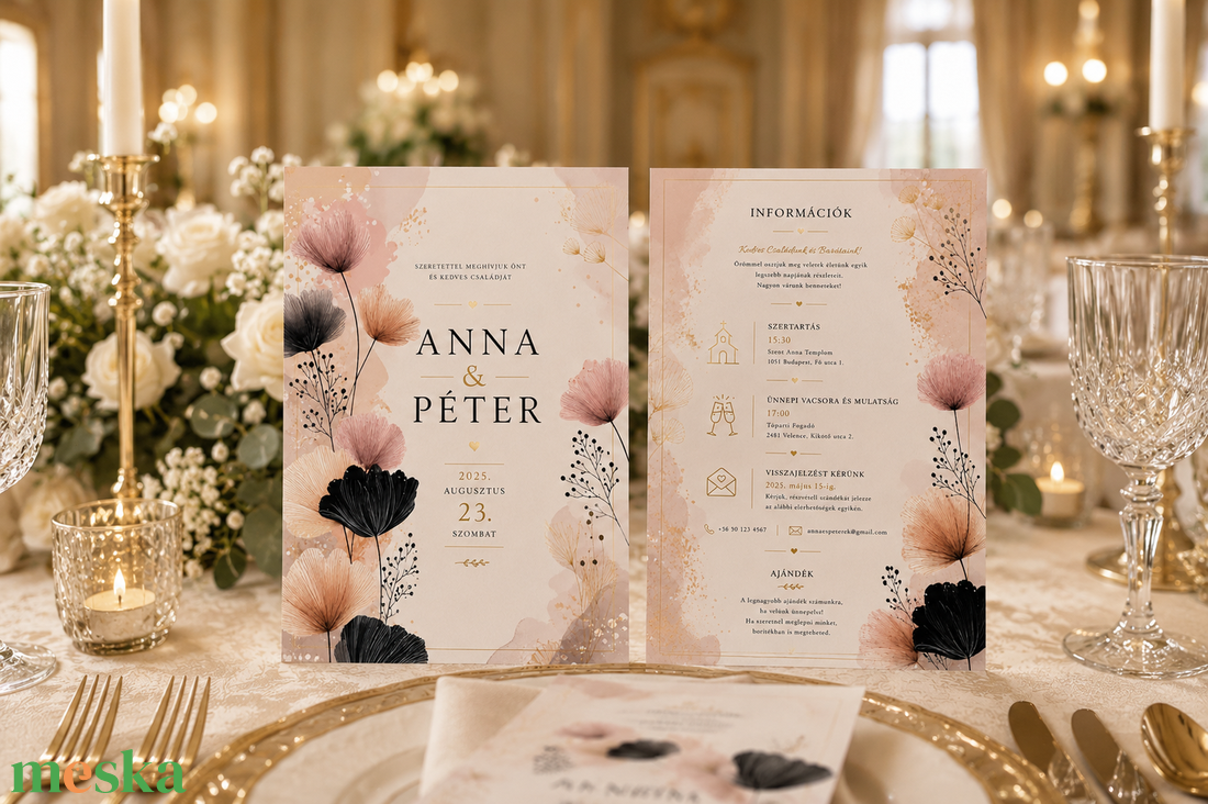 Blush Noir � Elegáns púderrózsaszín és fekete virágos esküvői meghívó - esküvő - meghívó & kártya - meghívó - Meska.hu