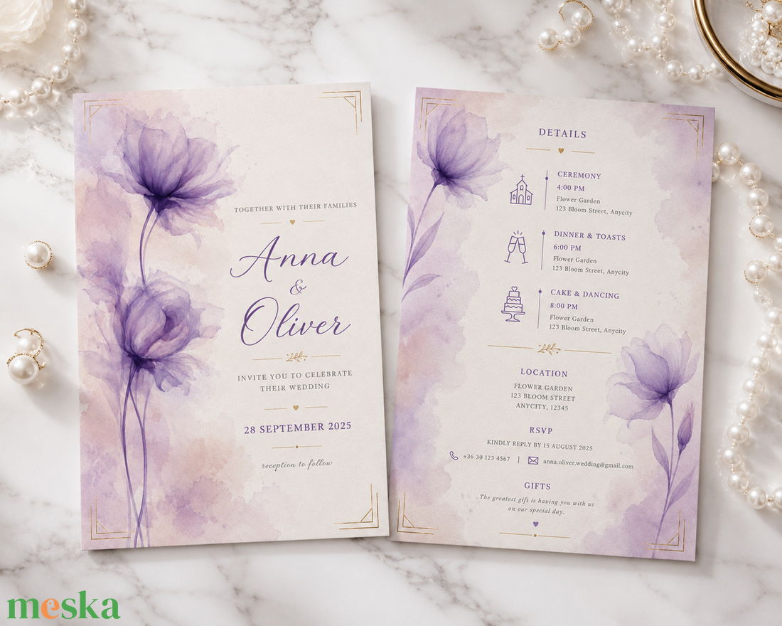 Lavender Grace � Elegáns levendulalila virágos esküvői meghívó - esküvő - meghívó & kártya - meghívó - Meska.hu