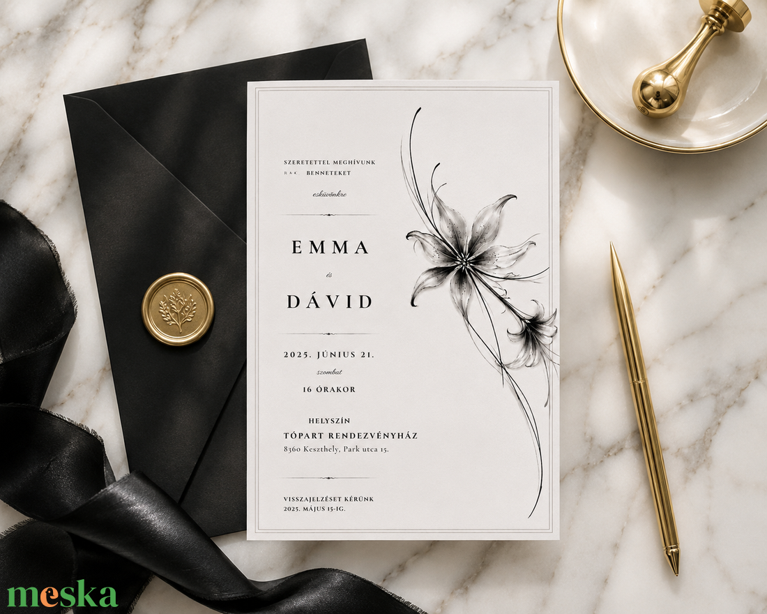 Midnight Lily � Minimalista Liliom Esküvői Meghívó - esküvő - meghívó & kártya - meghívó - Meska.hu